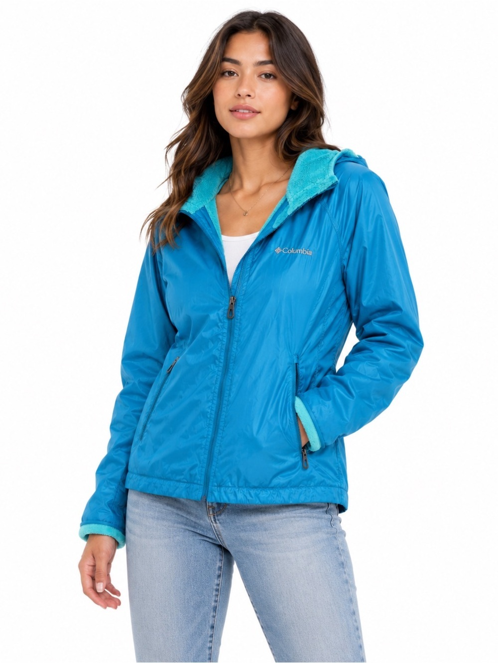 Columbia Omni Shield Fleece Lined Hooded Jacket Blue Teal XS (CKB079)